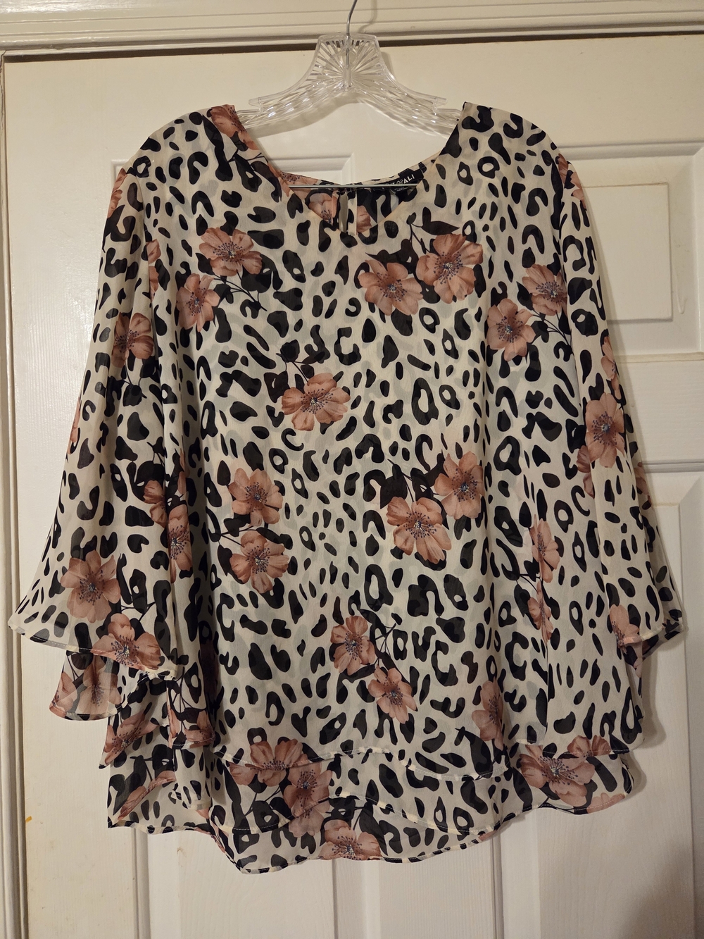 Roz & Ali Cream Blouse with Peach Floral and Black Leopard Print